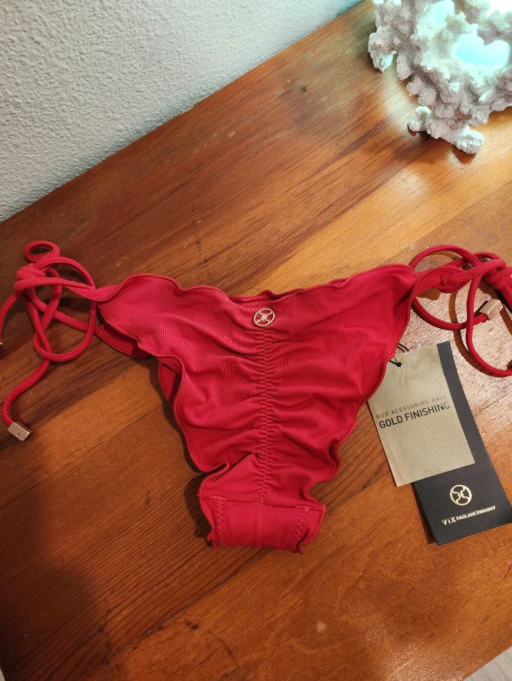 Vix Paula Hermanny SZ Small Red Ruffle Tie-Side Bikini Bottom Gold Accents